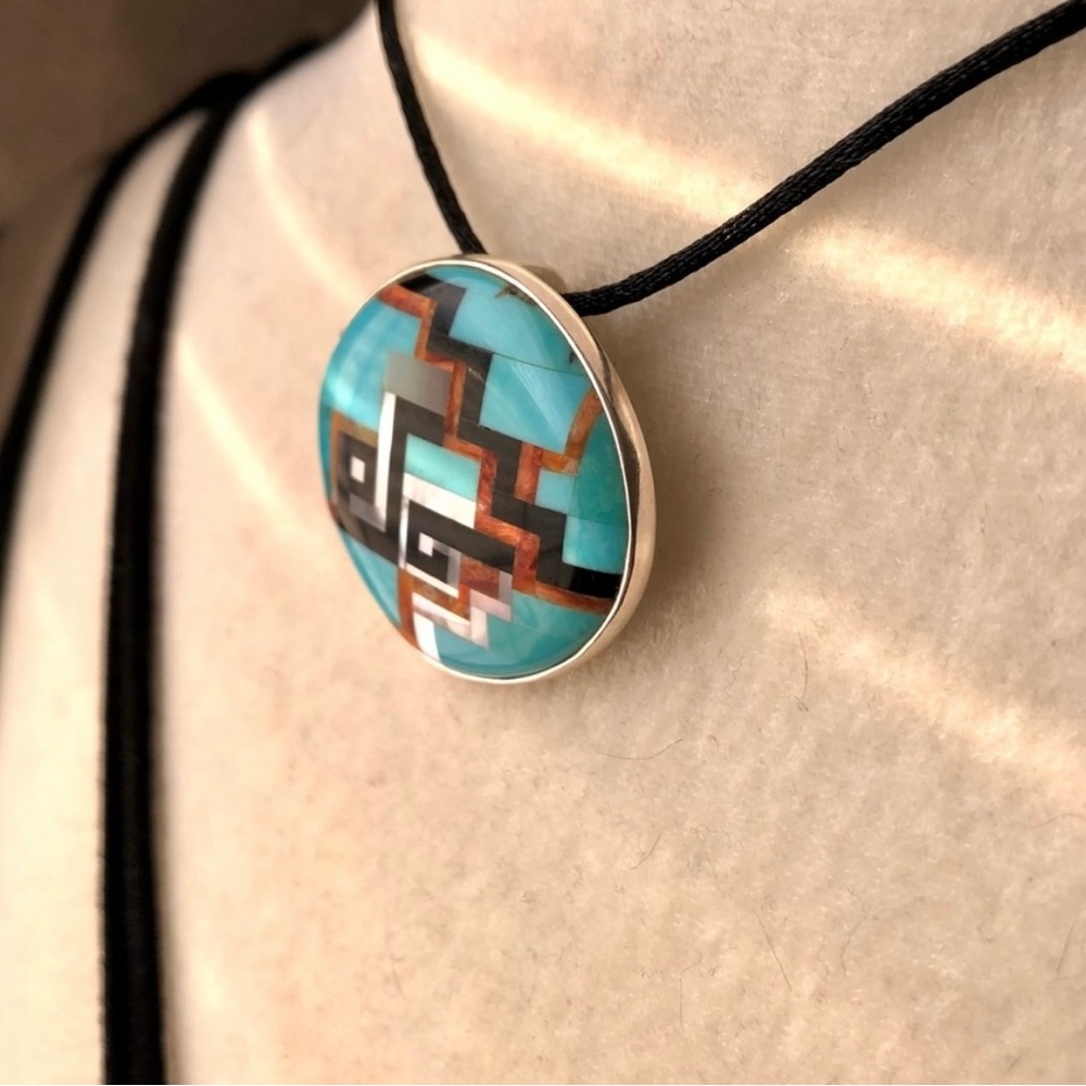 Carolyn Pollack Relios Sterling Silver Turquoise Aztec Mosaic Inlay Pendant